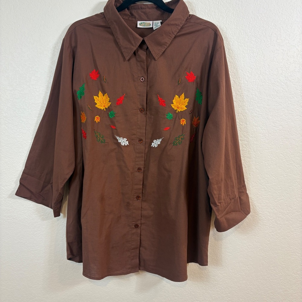 Collections Etc Button Down Women XXL Brown Vintage Embroidered Leaves Fall